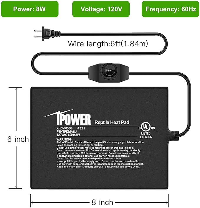 iPower 6 by 8-Inch 8 Watts Reptile Heating Mat with Temperature Controller Under Tank Warmer Terrarium Heat Pad for Reptiles and Amphibians, Black iPower