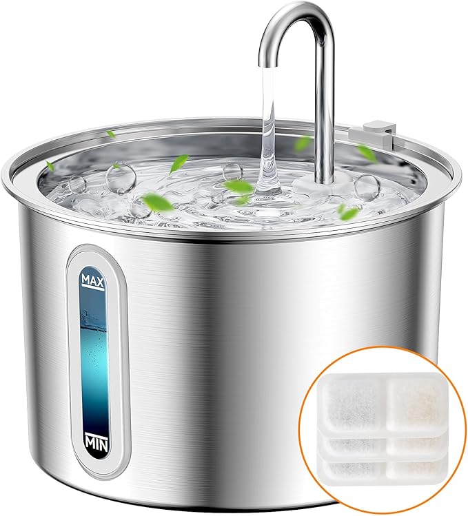 oneisall Stainless Steel Cat Water Fountain, 2L Water Fountains for Cats Indoor with Quiet Pump and 3 Replacement Filters, Pet Water Fountain Faucet Spout Design Cat Fountain Drinking Inside, PWF 001 - PAWPICO