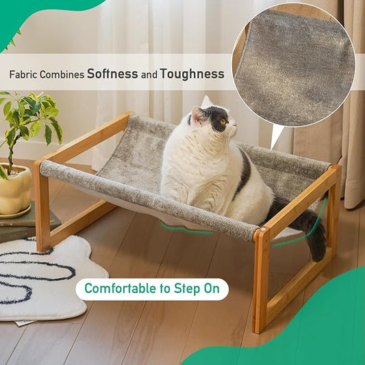 Elevated Cat Bed, Large Cat Hammock Bed, Bamboo Wood Cat Hammock for Outdoor, 25 X 16.5 Inch Elevated Pet Furniture Suitable for Kitty, Puppy, Rabbit, Bunny and Small Animal - PAWPICO