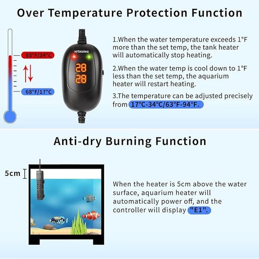 HiTauing Aquarium Heater, 50W/100W/200W/300W/500W Submersible Fish Tank Heater with Over-Temperature Protection and Automatic Power-Off When Leaving Water for Saltwater and Freshwater HiTauing