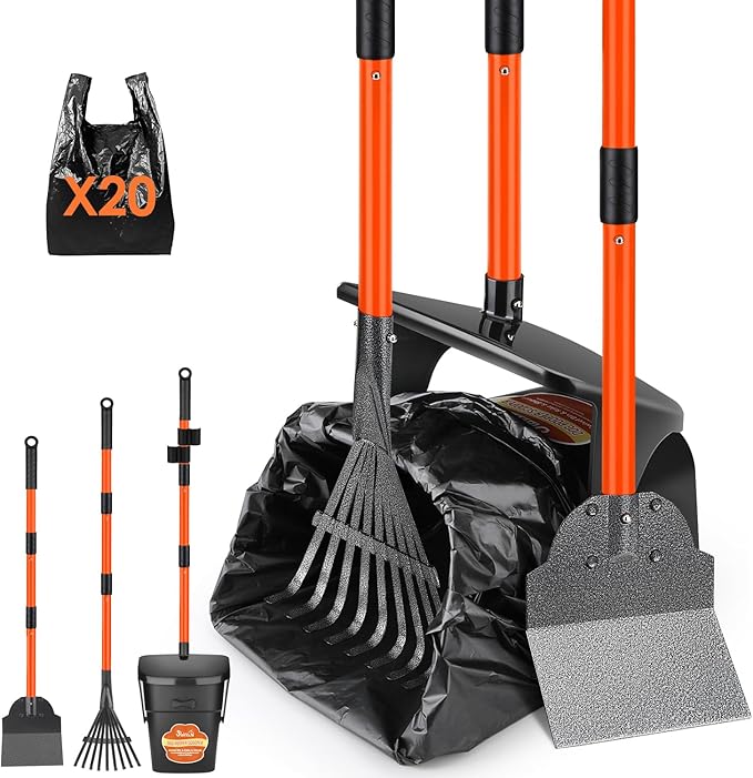 SlowTon Dog Pooper Scooper - 37.4" Long Handle Adjustable Metal Swivel Bin & Rake & Spade Kit with 20 Waste Bags, Portable Pooper Scooper for Gravel Lawn Grass, Suit for Small Medium Large Dog - PAWPICO