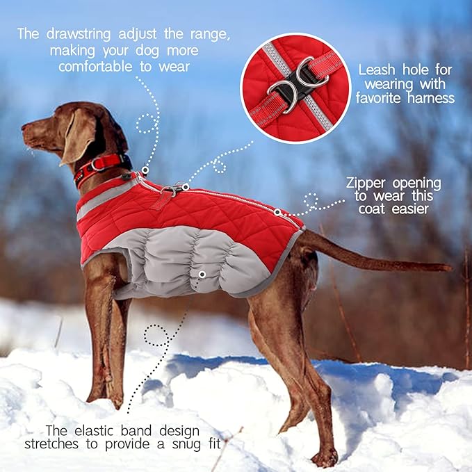 FUAMEY Dog Coat,Warm Dog Jacket Winter Coat Paded Dog Fleece Vest Reflective Dog Cold Weather Coats with Built in Harness Waterproof Windproof Dog Snow Jacket Clothes with Zipper Red Large - PAWPICO