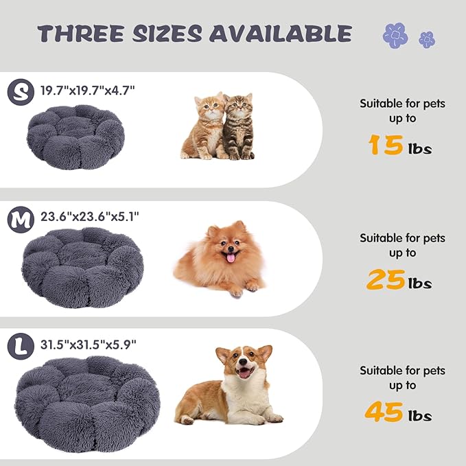 Cat Bed Cute, 23.6" Washable Grey Donut Bed for Indoor Cats and Small Dogs, Soft Cute Flower Fluffy Round Donut Cat Beds, Anti Anxiety Pet Bed, Self-Warming Bed, Dark Grey - PAWPICO