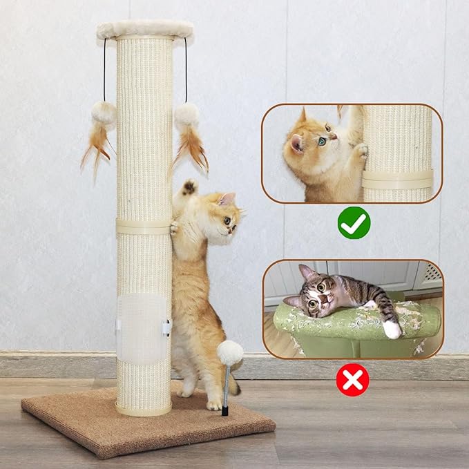 PAWSFANS Cat Scratching Post,34" Tall Large Sisal Woven Scratch Posts for Cats,with Hanging Ball Toy and Self-Massage Brush,Vertical Scratcher,5 Inches Diameter,Beige - PAWPICO