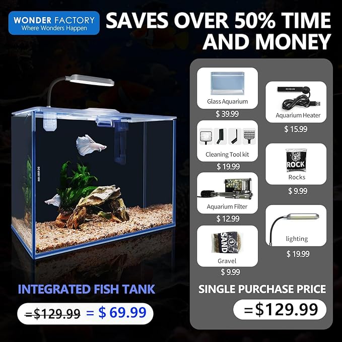 3 Gallon Aquarium Betta Fish Tank Starter Kit, Including Heater Self Cleaning Filter Light Rocks Gravel Cleaning Tool Set, HD Float Glass Small Fish Bowl Christmas Birthday Gift Present WONDERFACTORY