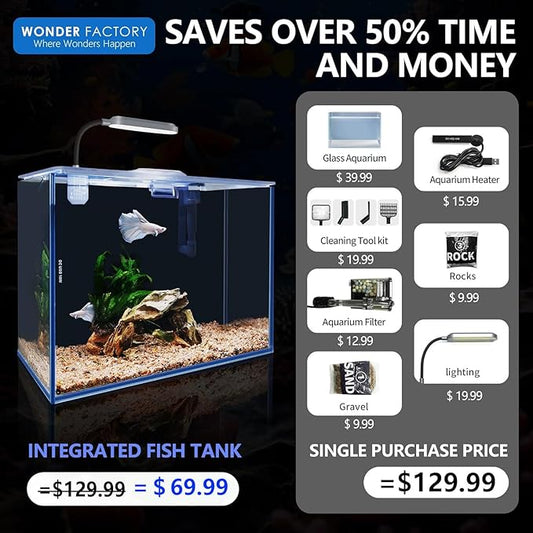 3 Gallon Aquarium Betta Fish Tank Starter Kit, Including Heater Self Cleaning Filter Light Rocks Gravel Cleaning Tool Set, HD Float Glass Small Fish Bowl Christmas Birthday Gift Present WONDERFACTORY