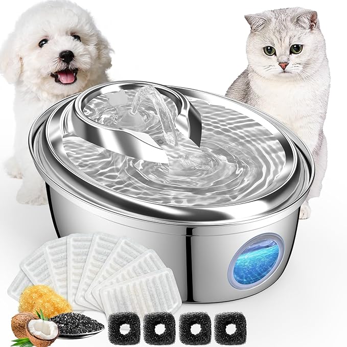 ORSDA Stainless Steel Cat Water Fountain, 100oz/3L Automatic Pet Drinking Fountain, Dog Water Dispenser Bowl with LED Window for Cats and Small & Medium Dogs- 12Pcs Filters( D66 - PAWPICO