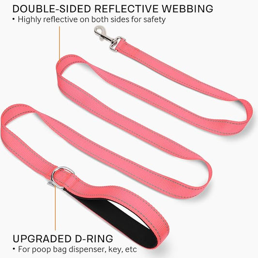 Joytale Double-Sided Reflective Dog Leash, 6 FT/5 FT/4 FT, Padded Handle Nylon Heavy Duty Leashes for Medium & Large Dogs Walking, Pink, 6FT Joytale