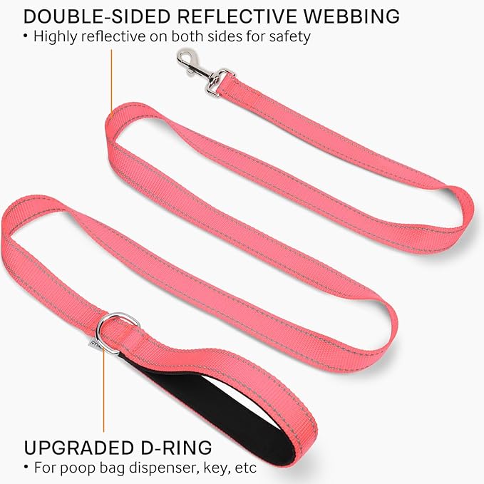 Joytale Double-Sided Reflective Dog Leash, 6 FT/5 FT/4 FT, Padded Handle Nylon Heavy Duty Leashes for Small & Medium Dogs Walking, Pink, 6FT Joytale