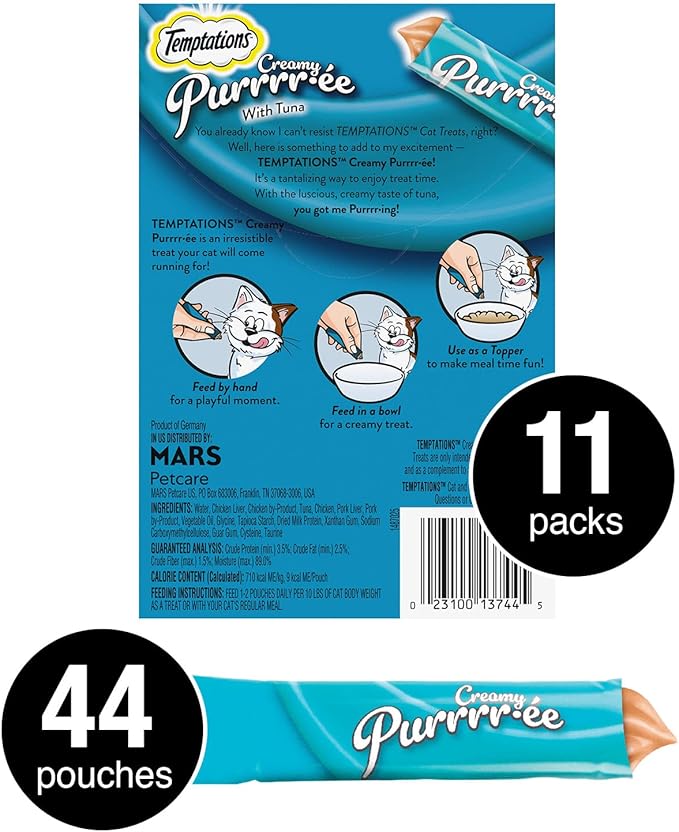 Temptations Creamy Puree with Tuna Lickable, Squeezable Cat Treats, 0.42 Oz Pouches, 4 Count (Pack of 11) - Total 44 Count Temptations