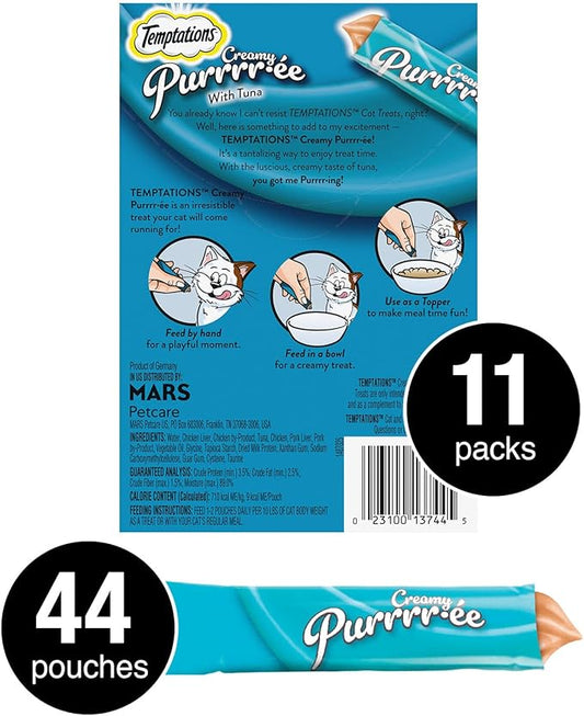 Temptations Creamy Puree with Tuna Lickable, Squeezable Cat Treats, 0.42 Oz Pouches, 4 Count (Pack of 11) - Total 44 Count Temptations