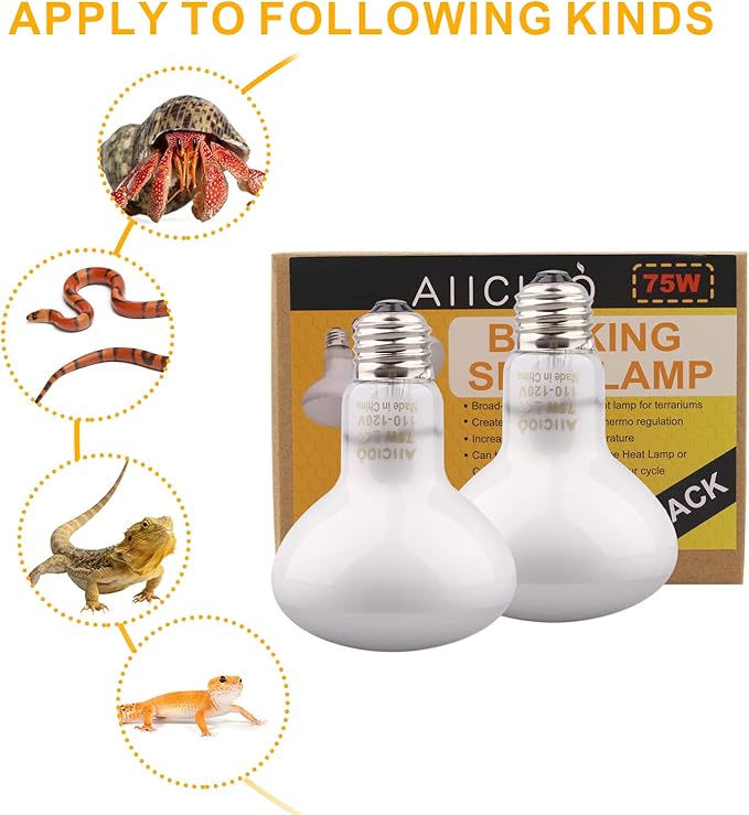 Aiicioo Reptile Basking Light Bulb - 75W Reptile Heat Lamp 2 Pack UVA Daylight Amphibians Basking Bulb for Bearded Dragon Turtle Hermit Crab Gecko Lizard Daylight AIICIOO