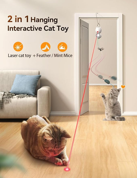 Interactive Cat Toys LED Light Hanging Cat Toys for Indoor Cats, Cat Wand Toy Cat Feather Toy, Feather & Mouse Cat Toys for Bored Adult Cats Kitten Exercise, White - PAWPICO
