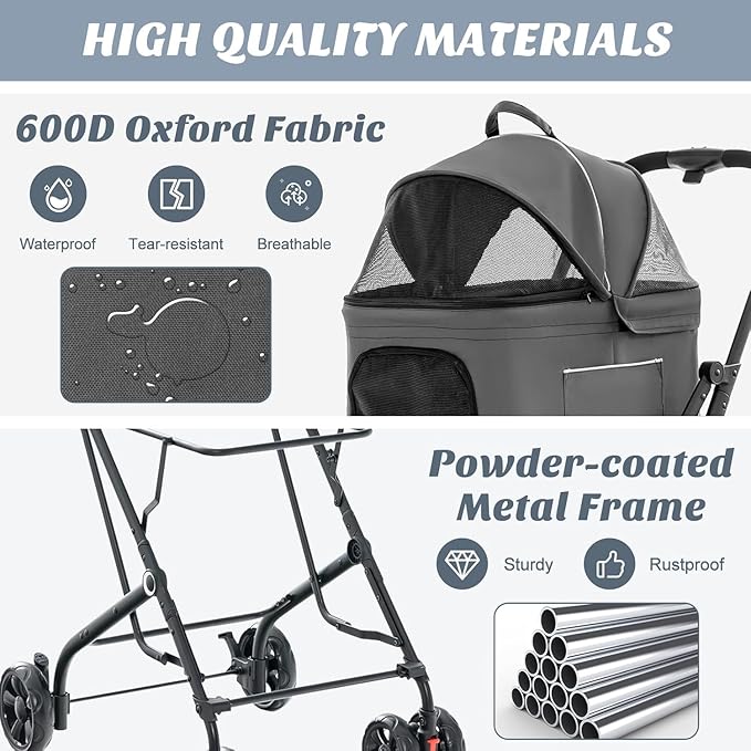 Double Dog Stroller, Foldable 3-in-1 Cat Stroller with 2 Detachable Carriers, Safety Belt, Washable Cover, Removable Pads, 4 Wheels Travel Pet Stroller for Small Medium Dogs (Grey) - PAWPICO