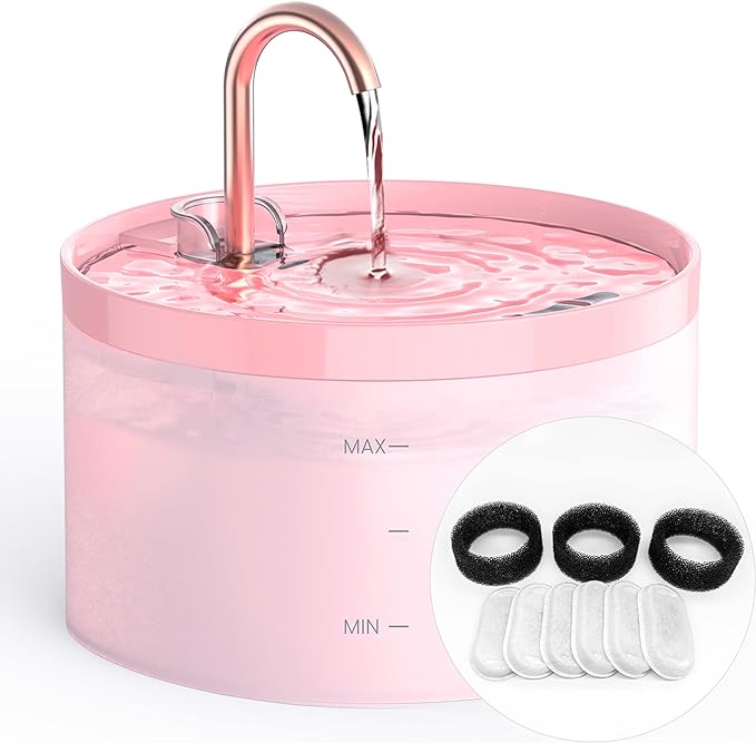 Cat Water Fountain with Tap Shape, 2L Cat Fountain for Cats, Super Quiet Water Pump, Filters Hair, Easy Disassembly, 6 Filters + 3 Foam Filters, Pink Cat Fountains for Drinking - PAWPICO