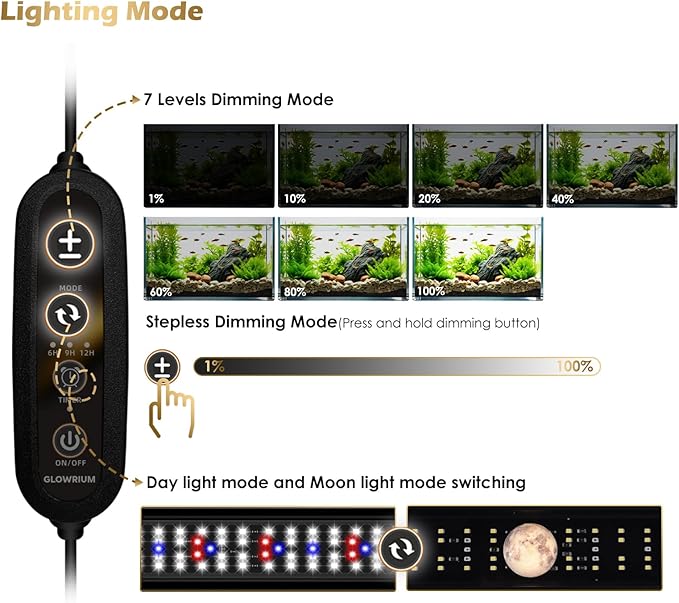 Aquarium Light, LED Full Spectrum Freshwater Aquarium Lights, Daylight/Moonlight Mode and infinitely dimmable, Fish Tank Light with Timer and Auto ON/Off (36-41 in) GLOWRIUM