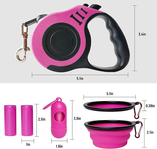 Retractable Dog Leash Automatic Telescopic Tractor Dog Tape, Pet Tape 10/16 FT Durable and Convenient, with Folding Bowl, Dispenser, Rubbish Bags, Suitable for Small and Medium Dogs LIEVUIKEN
