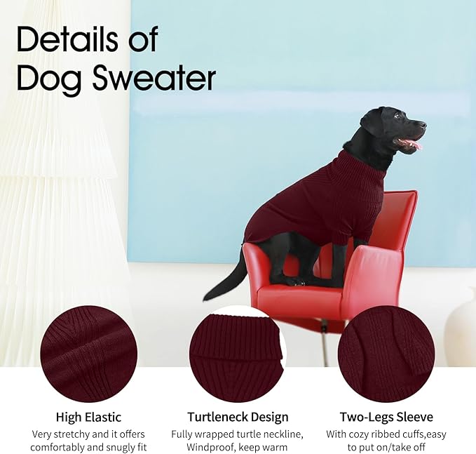 IECOii Extra-Large Dog Sweater 4XL,Christmas Dog Sweaters for Extra Large Dogs Girl Boy,Turtleneck Knitted Knitwear Easy On Doggie Sweatshirt Dog Sweater for Doberman,Great Dane(Wine red,XXXXL) - PAWPICO