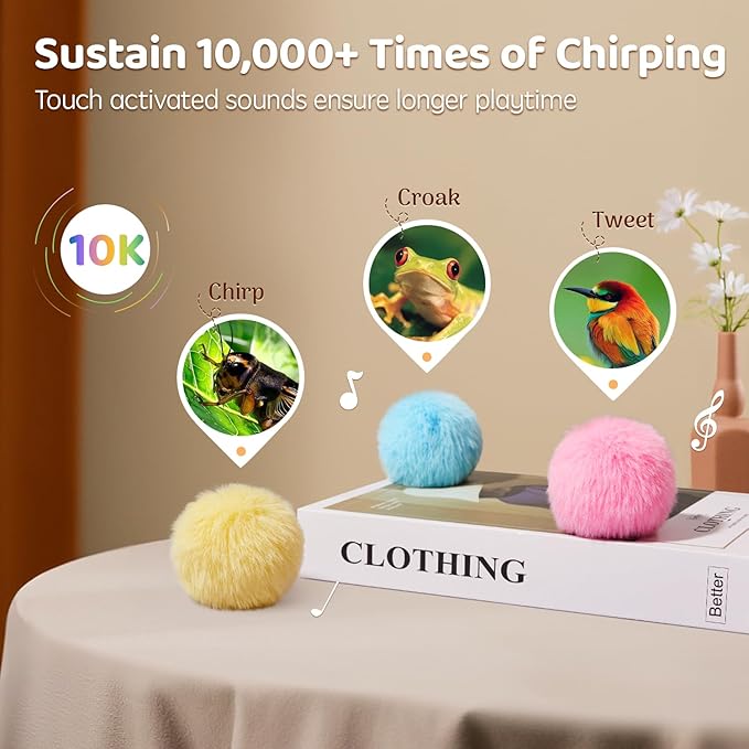 Potaroma Chirping Cat Toys Balls with SilverVine Catnip, Upgraded, 3 Pack Fluffy Interactive Cat Kicker, 3 Lifelike Animal Sounds, Kitty Kitten Catnip Exercise Toys - PAWPICO