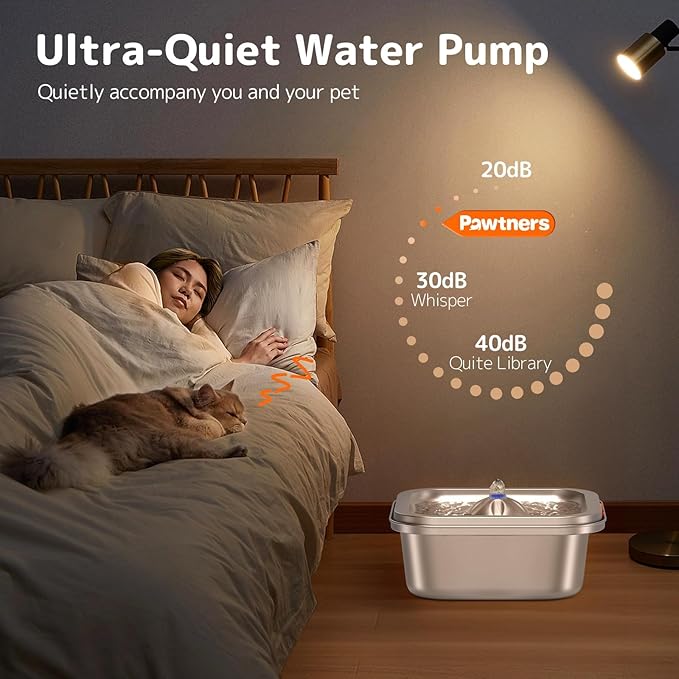 Cat Water Fountain Stainless Steel: 4L/140oz Pet Fountain Water Bowl Indoor, Automatic Dog Drinking Dispenser, Cat Feeding Watering Supplies, Metal Kitty Waterer Fountain, 10 Replacement Filters - PAWPICO