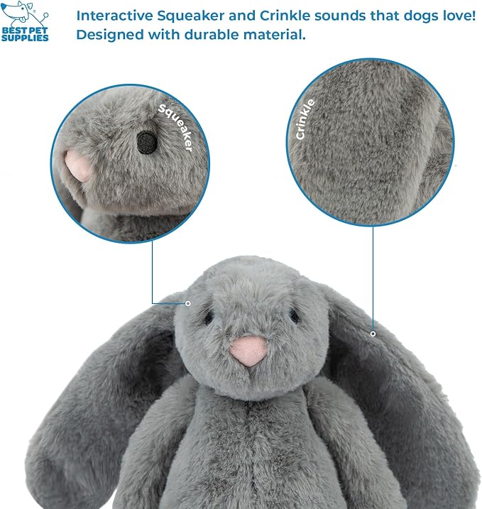 Best Pet Supplies Interactive Bunny Buddy Dog Toy with Crinkle and Squeaky Enrichment for Small and Medium Breed Puppies or Dogs, Cute and Plush - Bunny (Gray) - PAWPICO