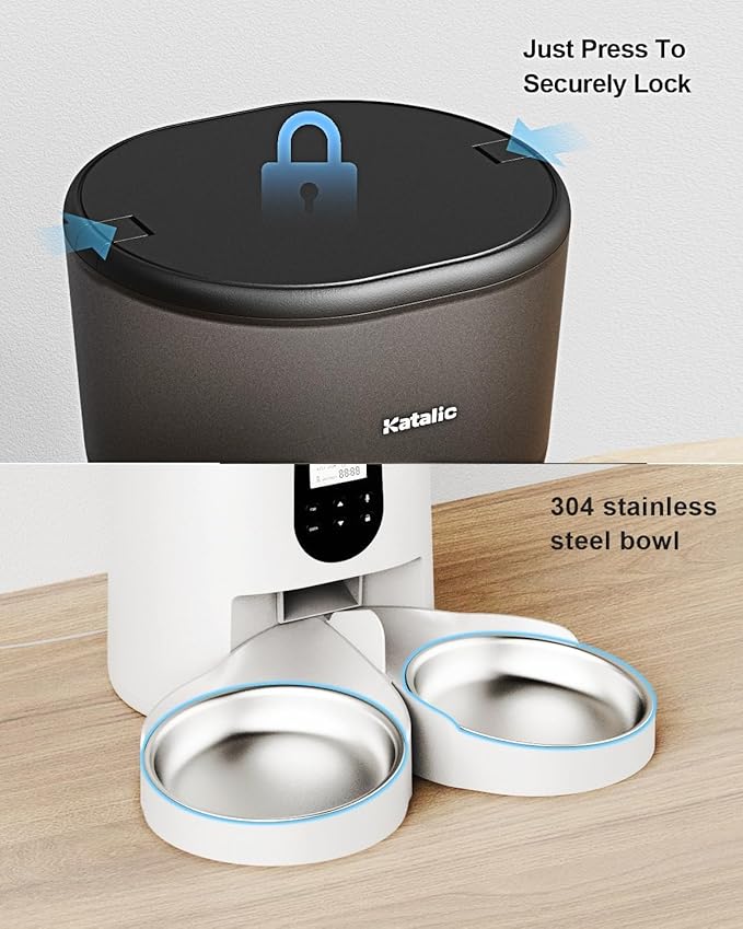 Automatic Cat Feeder for 2 Cats, 6L/25Cups Cat Food Dispenser with 2 Stainless Bowls, Pet Feeder with Timer Setting 20 Portions 4 Meals Per Day for Cats and Dogs, Dual Power Supply 10s Meal Call - PAWPICO