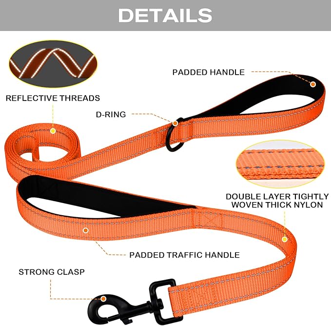 Joytale Dog Leash Heavy Duty for Large Dogs That Pull, Double Handle for Traffic Control, Double-Sided Reflective Leashes for Large Medium Dogs Night Safety, 5FT, Orange Joytale