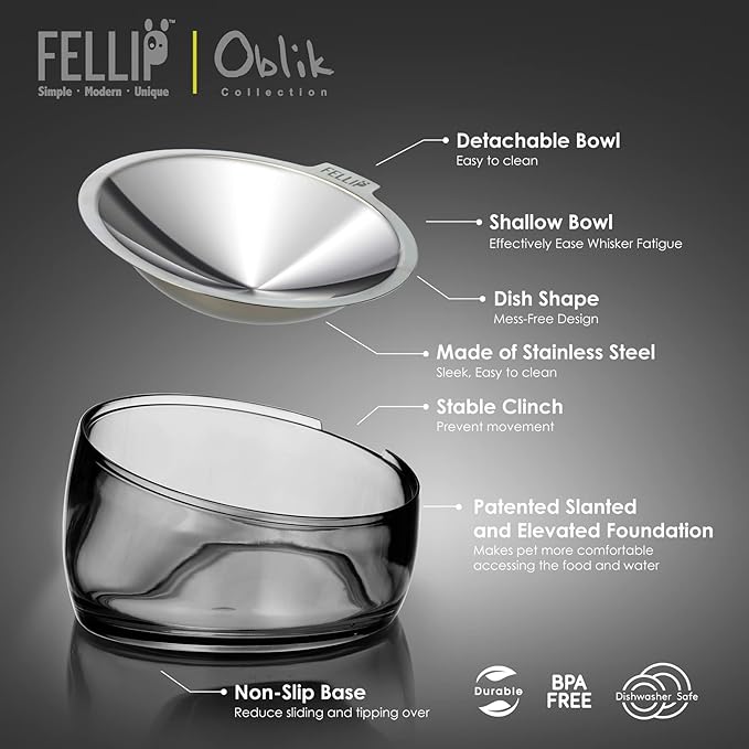 Felli Pet Oblik Whisker Fatigue Cat Food Bowl Raised Stainless Steel Shallow Dish, Pet Friendly Design Anti Vomit Tilted Metal Plate Feeder Elevated Acrylic Base for Treats Storage (0.5 Cups, Smoky) - PAWPICO