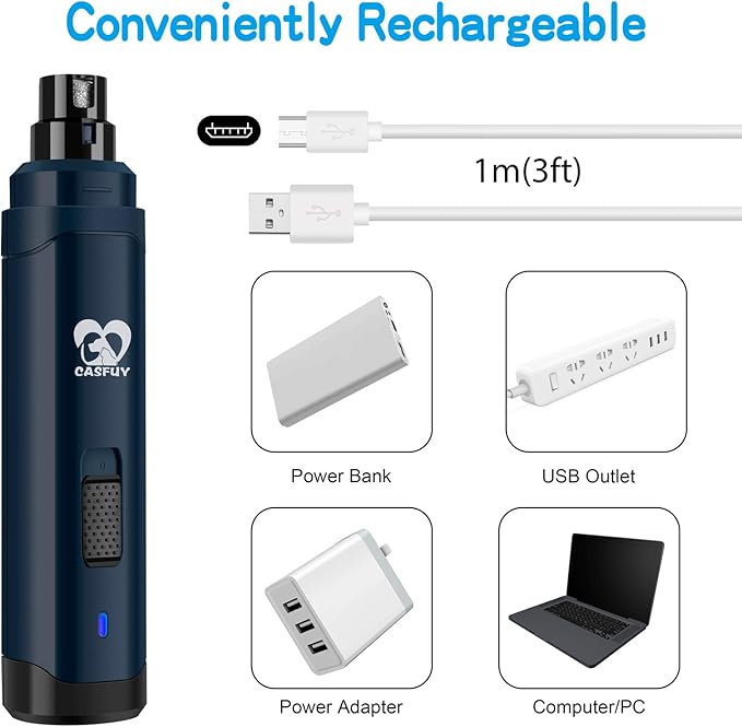 Casfuy Dog Nail Grinder Upgraded - Professional 2-Speed Electric Rechargeable Pet Nail Trimmer Painless Paws Grooming & Smoothing for Small Medium Large Dogs & Cats (Dark Blue) - PAWPICO