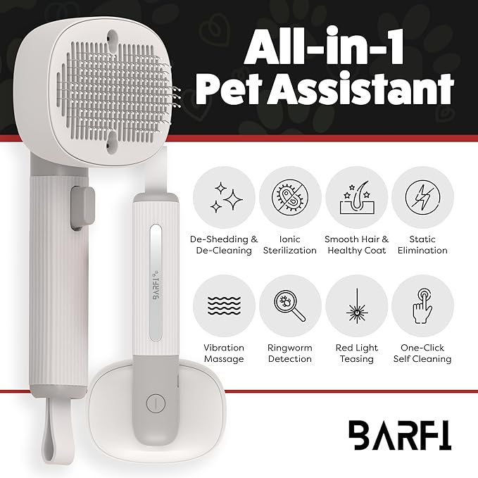 BARFI Pet Brush - Self-Cleaning Pet, Cat, Dog Shedding Brush - Multi-Functional Grooming Tool with Negative Ion Technology, Vibrating Massager, Wood's Lamp (Gray) - Free Pet Bowl - PAWPICO