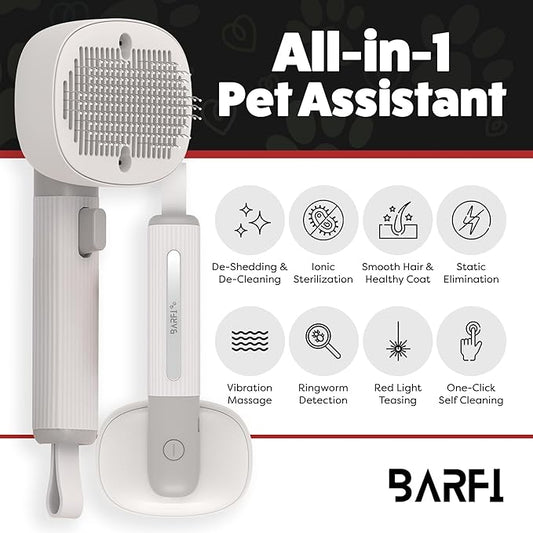 BARFI Pet Brush - Self-Cleaning Pet, Cat, Dog Shedding Brush - Multi-Functional Grooming Tool with Negative Ion Technology, Vibrating Massager, Wood's Lamp (Gray) - Free Pet Bowl - PAWPICO