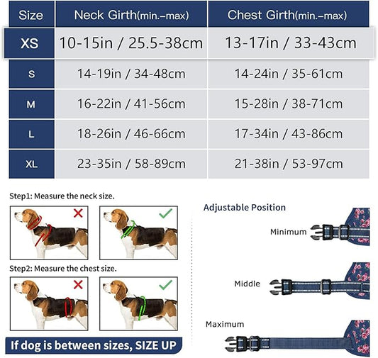 Timos Dog Harness, No Pull Dog Harness 3 Snap Buckles Adjustable Reflective No Choke Pet Vest for Small Dog with Soft Padded Control Training Handle for Outdoor Training,Flower Blue, XS Timos