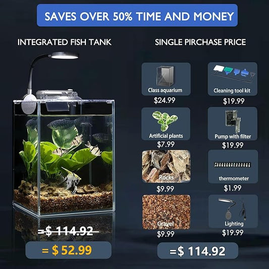1.5 Gallon Aquarium Fish Tank with HOB Filter and Light, All in one Small Fish Tank kit, Complete Desktop Small Aquarium WONDERFACTORY