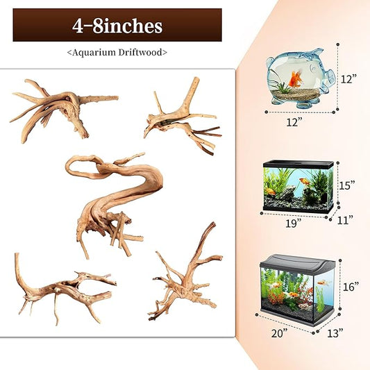 majoywoo Natural Driftwood for Aquarium Decor Fish Tank Decorations, Assorted Spider Wood Branch 4-8" 5 Pcs, Reptile Decor Majoywoo