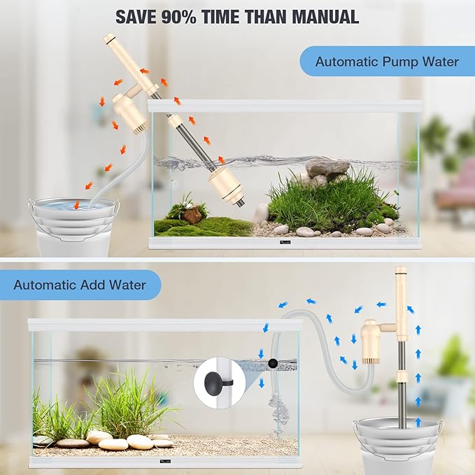 AKKEE Aquarium Vacuum Gravel Cleaner: 18W Gravel Vacuum for Fish Tank with Strong Suction for Automatic Change Water, Remove Dirt Wash Sand Water Shower and Water Circulation, Beige AKKEE