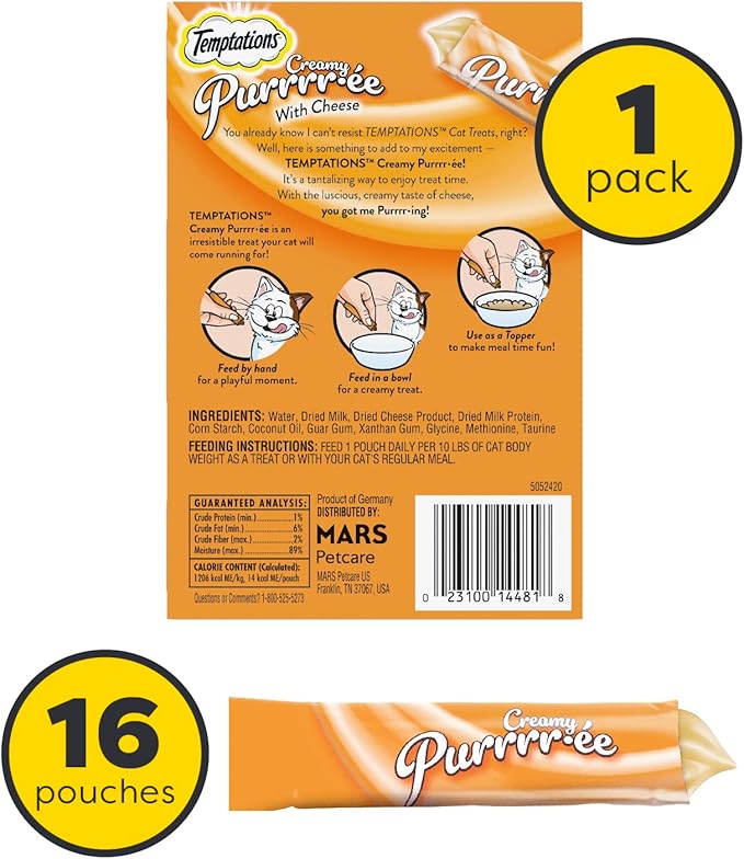 Temptations Creamy Puree with Cheese Lickable, Squeezable Cat Treats, 0.42 oz Pouches, 16 Count Temptations