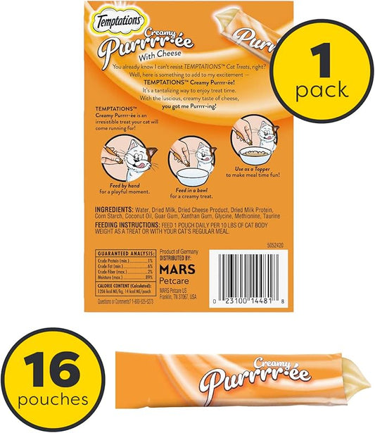 Temptations Creamy Puree with Cheese Lickable, Squeezable Cat Treats, 0.42 oz Pouches, 16 Count Temptations