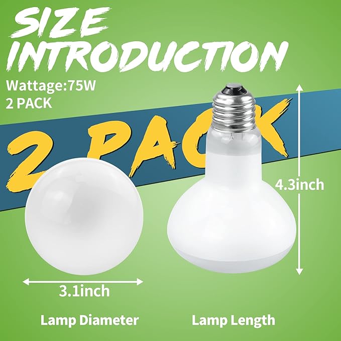 LUCKY HERP 2 Pack Reptile Heat Lamp Bulbs 75W (2nd Gen), Basking Light Bulb for Reptiles & Amphibians, Simulated Natural Sunlight Terrarium Heat Lamps for Bearded Dragon, Lizard, Turtle, Tortoise LUCKYHERP