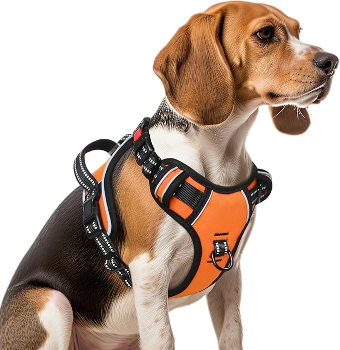 Timos Dog Harness Medium Sized, No Pull Dog Harness with Neck Lockable Snap,No Choke Front Clip Dog Reflective Harness,Adjustable Metal Rings 3 Buckles,Easy Control Handle for Medium Dogs Orange M Timos