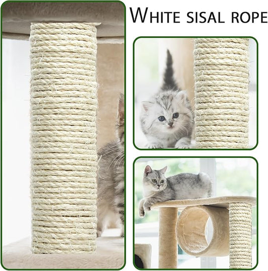 Natural Sisal Rope 1/4 Inch 6mm 98-Feet for Cat Scratching Post Tree Tower Replacement Repair and Replace, DIY Hemp Twine Rope for Cat Scratching Furniture Window Perch and Crafts Gardening - PAWPICO