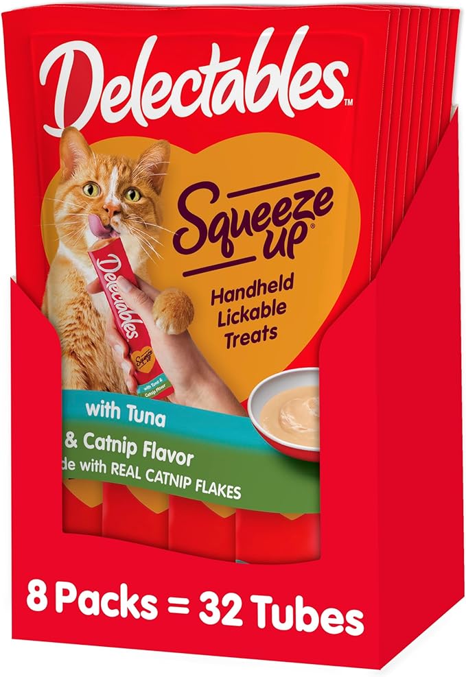 Hartz Delectables Squeeze Up Creamy Squeezable Puree, Lickable Wet Cat Treats, Grain Free, No Added Fillers, No by-Products, No Added Preservatives, 0.5 Ounces Tube Tuna with Catnip, 32 Tubes Total Hartz