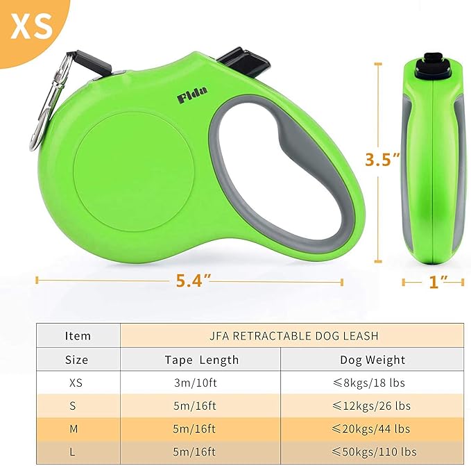 Fida Retractable Dog Leash, 10ft Heavy Duty Pet Walking Leash for X-Small Dog or Cat up to 18 lbs, Tangle Free. One-Hand Brake (X-Small, Green) - PAWPICO
