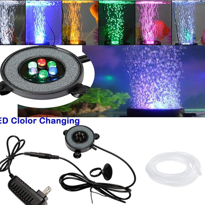 LED Aquarium Air Stones Fish Tank Bubbler Light Air Stone Diffuser Decor Lamp with Sucker Colorful Backgound Lighting (2.2inch Light Disk(No Remote)) JackSuperAquariumPetsFocus