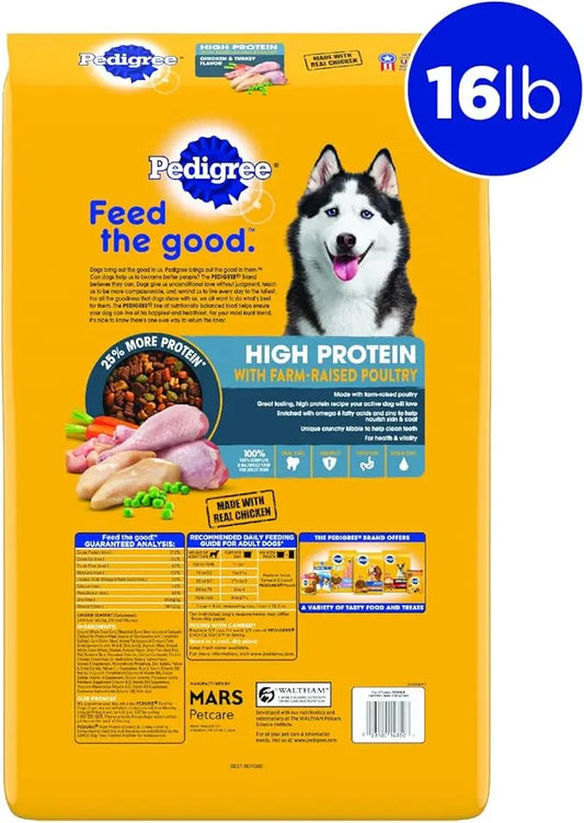 Pedigree High Protein Adult Dry Dog Food Chicken and Turkey Flavor Dog Kibble, 16 lb. Bag - PAWPICO