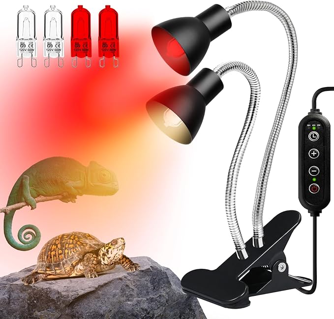 Heat Lamp for Reptile,UVA UVB Light for Turtle,Bearded Dragon Basking Light Bulbs,Dimmable 360°Gooseneck UV Heating Lamp W/ G9 Mini Halogen Bulbs 60W (White*2,Red*2) for Tortoise/Snake/Lizard JaenmsaHalogenLighting