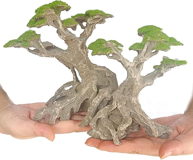 Fish Tank Decor- Bonsai Trees with Faux Moss- Aquarium Rocks Aquascaping- Made of Sandstone, Goldfish Betta Fish Tank Decorations Hides Accessories Novelsite