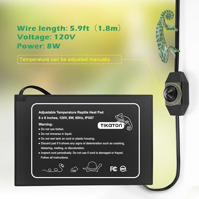 Tikaton Reptile Heat Pad - Adjustable Temperature Under Tank Heater for 10-20gal/30-40gal Tank, Terrarium Heat Mat for Turtle/Snake/Lizard/Frog/Spider/Plant Box Tikaton