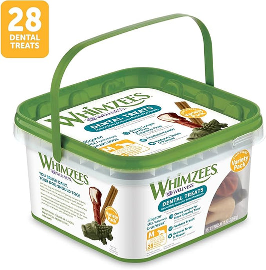 WHIMZEES by Wellness Variety Box: All Natural Dental Chews for Dogs (Medium), 28 Count - Dog Treats, Freshens Breath, Gluten & Grain-Free (Packaging May Vary) - PAWPICO
