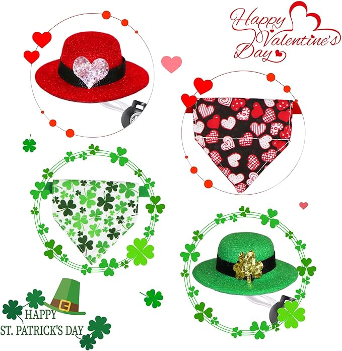 4 Pcs Bearded Dragon Valentine’s Day St. Patrick’s Day Costumes, Lizard Valentines St Patricks Hats Bandanas Outfits for Bearded Dragon Lizard Hamster Guinea Pig Small Animal JOTFA