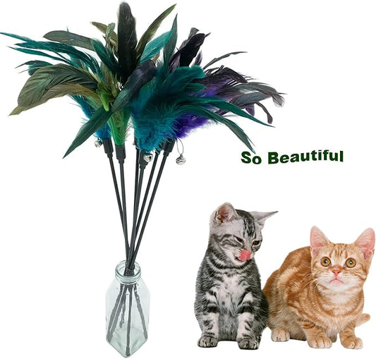 Cat Wand Toy Feather Stick Cat Toys, 8 PCS Cat Feather Wand Toys, Interactive Cat Toy Feather Wand for Indoor Cats - PAWPICO
